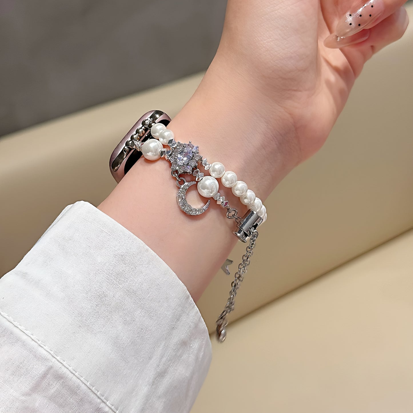 Elegant Star and Moon Design Smartwatch Band with Faux Pearls and Sparkling Crystals, Durable Metal Alloy Watch Strap for Apple Watch - No Battery, Tech Accessory | Elegant Accessory | Alloy Constructio