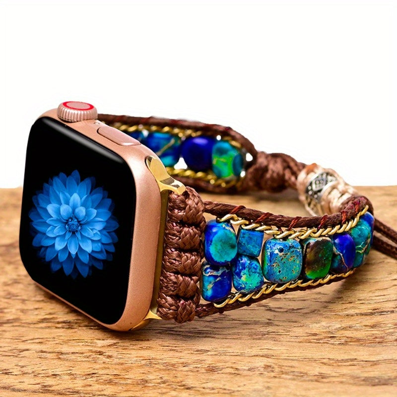Bohemian Style Deep Blue & Purple Floral Stone Beaded Watch Strap - Handwoven Synthetic Synthetic Stone, Adjustable Metal Clasp for Fitness & Casual Wear, Fitness Accessory, Floral Pattern, Braided Design