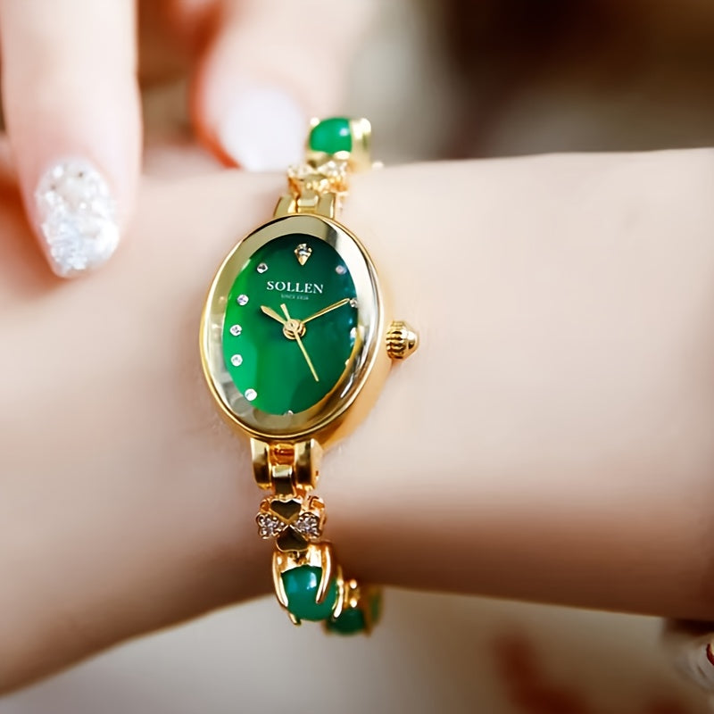 Vintage Oval Radiance Quartz Bracelet Watch for Women - Emerald Green Dial & Rose Golden Case, Sparkling Accents, Elegant Romantic Design for Valentine's Day, Chinese New Year, Mardi Gras Gifts, Bling Watch, Special Occasion Wristwatch, Goldtone Bracelet