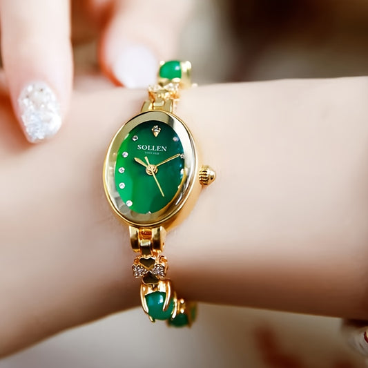 Vintage Oval Radiance Quartz Bracelet Watch for Women - Emerald Green Dial & Rose Golden Case, Sparkling Accents, Elegant Romantic Design for Valentine's Day, Chinese New Year, Mardi Gras Gifts, Bling Watch, Special Occasion Wristwatch, Goldtone Bracelet