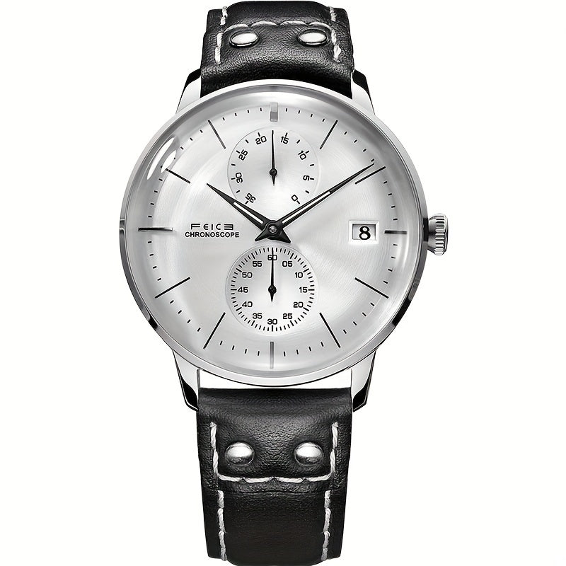 FEICE Brand Magic Pattern Series 3D Double Curved Surface Mirror Business Casual Men's Watch Automatic Mechanical Watch Cowhide Strap Simple Men's Watch Waterproof Luminous Hands Independent Second Dial Calendar Energy Needle Indication