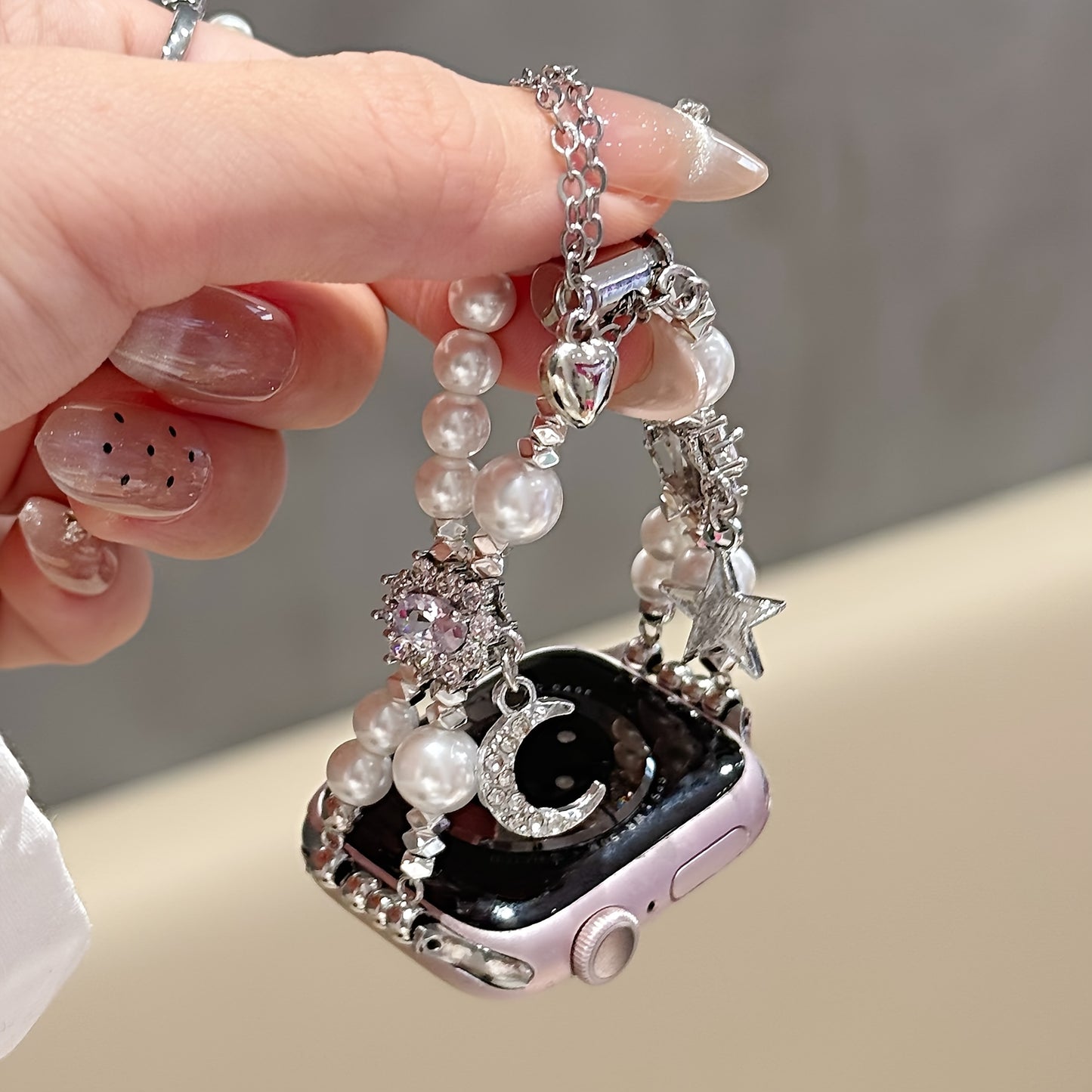 Elegant Star and Moon Design Smartwatch Band with Faux Pearls and Sparkling Crystals, Durable Metal Alloy Watch Strap for Apple Watch - No Battery, Tech Accessory | Elegant Accessory | Alloy Constructio