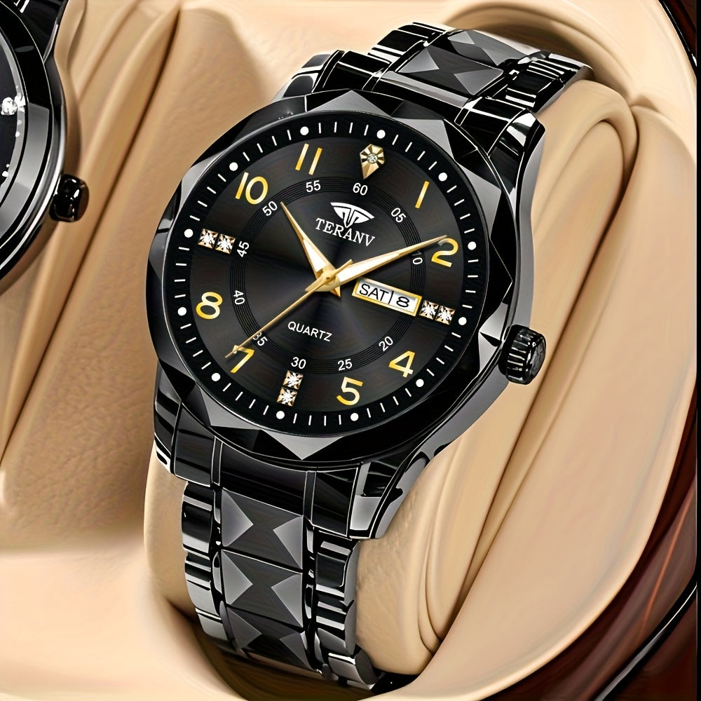 Fashion Men'S Quartz Watch Rhombus Numeral Dial Double Calendar Luminous Waterproof Steel Strap Watch Rhinestone Decorative Watch Business Watch Gift
