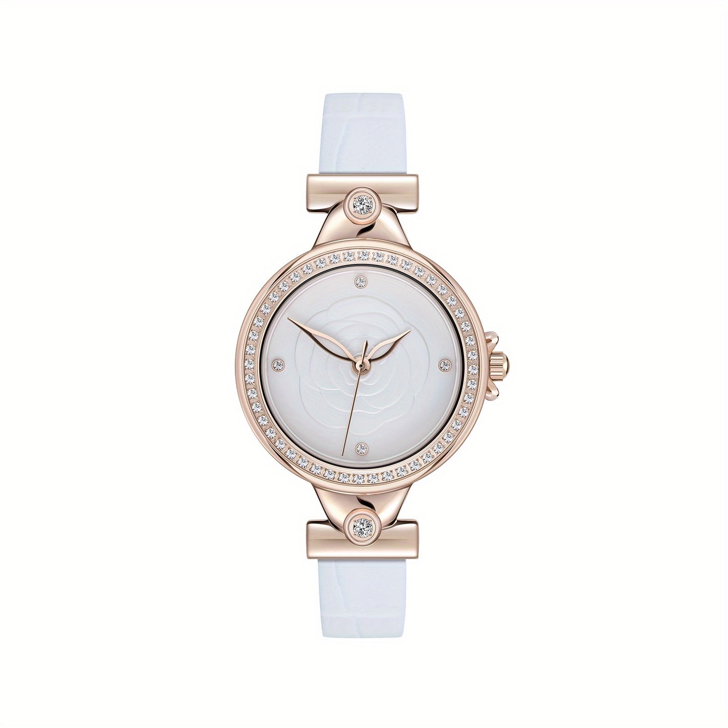 Elegant Rose Golden Quartz Watch for Women - Minimalist Business Casual Style with Floral Engraved Dial, White Calfskin Strap, and Golden-Tone Case, Perfect for Casual Attire, Casual Wear Watch | Floral Engraved Watch | Quartz Movement