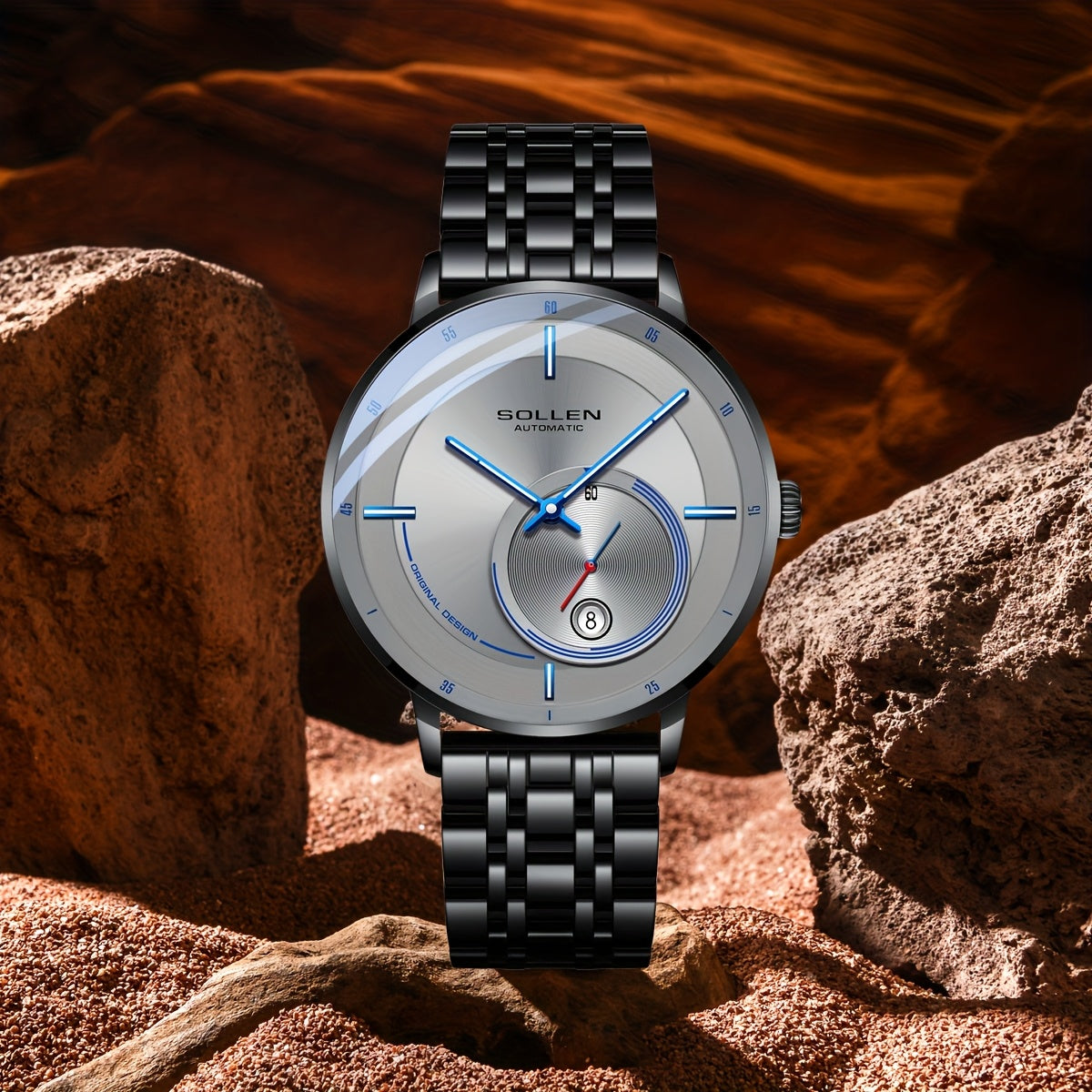 GOLLEN Men'S Retro Automatic Mechanical Watch - Stainless Steel Case & Bracelet, Blue Dial with Roman Numerals, Luminous Hands, Date Display, Casual Style for Casual Attire, Everyday Watch | Elegant Watch | Luminous Hands Watch, Without Battery