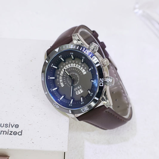 Men'S Business Casual Quartz Watch with Calendar, Date Display, and 24-Hour Time - Large Round Dial, Brown Faux Leather Strap, Alloy Case, Black Dial with White Markings, Battery Operated, Business Casual Wear | Sleek Watch Design | Alloy Case Watch