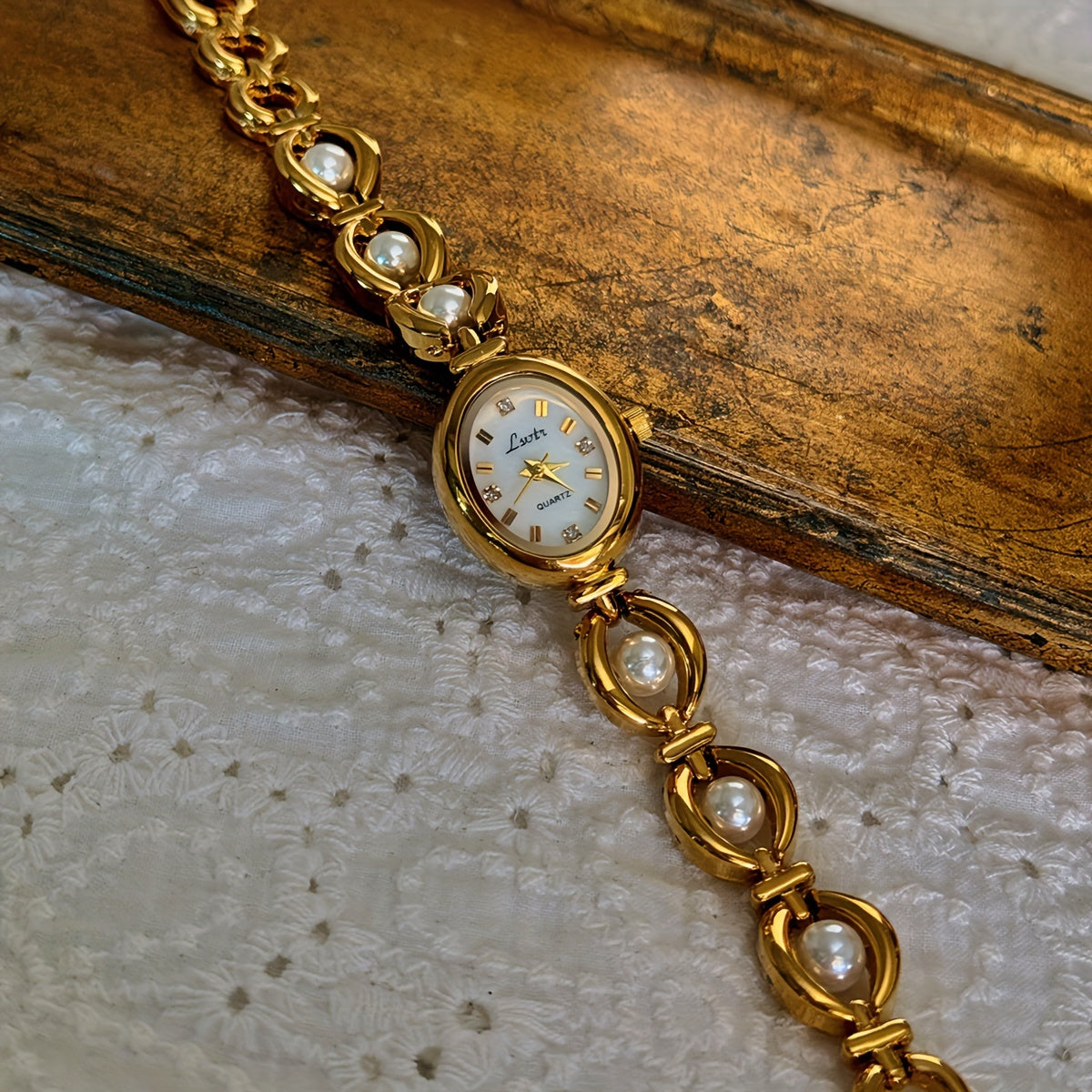 Elegant Quartz Watch Golden-Tone Elegant Women's Quartz Watch - French-Inspired Oval Analog Display, Stainless Steel Band, Pearl Bracelet, Ideal for Daily Wear & Special Occasions, Perfect Gift for Valentine's, Easter, Birthdays, Mother's Day