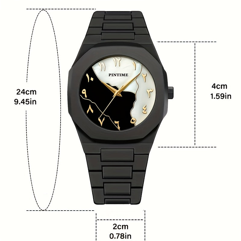PINTIME Black Golden Trendy Casual Watch, Ultra-Thin Lightweight Quartz Wristwatch, Polygonal Dial with Arabic Numeral Markings, Simple And Stylish Couple'S Model for Students.