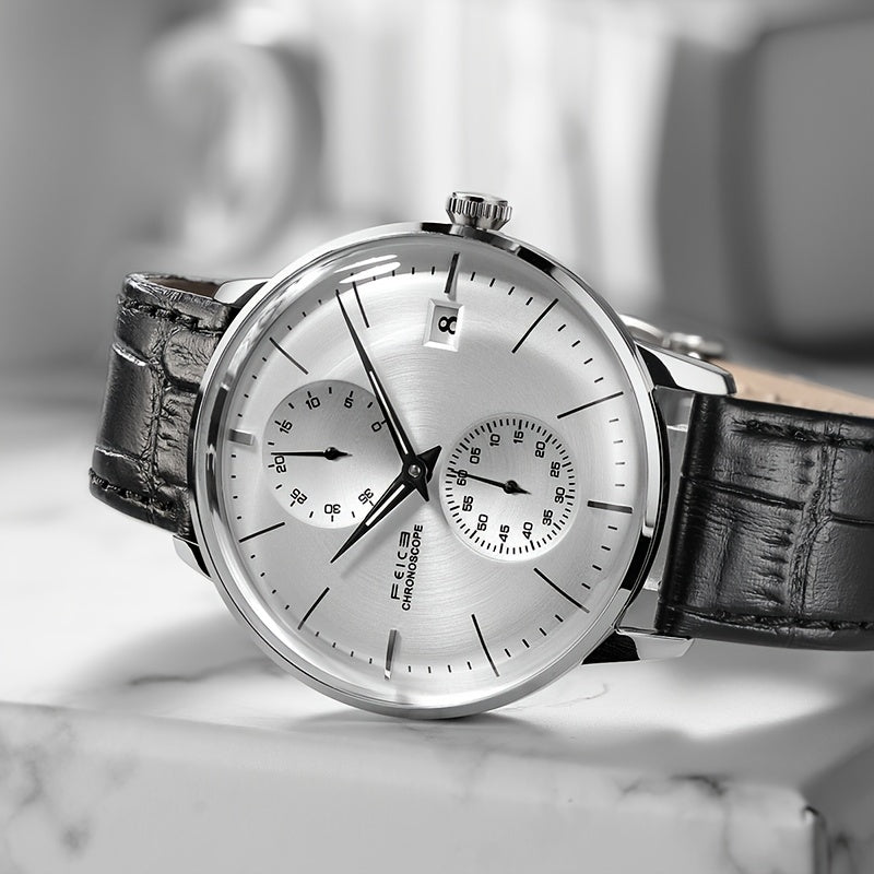 FEICE Brand Magic Pattern Series 3D Double Curved Surface Mirror Business Casual Men's Watch Automatic Mechanical Watch Cowhide Strap Simple Men's Watch Waterproof Luminous Hands Independent Second Dial Calendar Energy Needle Indication