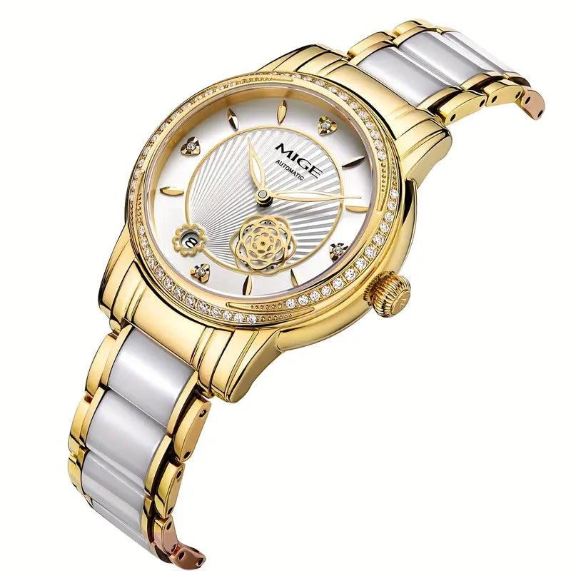 MIGE Elegant Women'S Stainless Steel Automatic Watch with Luminous Hands - Round Face, White Dial, Rose Golden Accents, and Sparkling Bezel - Perfect for Casual, Business, and Everyday Wear