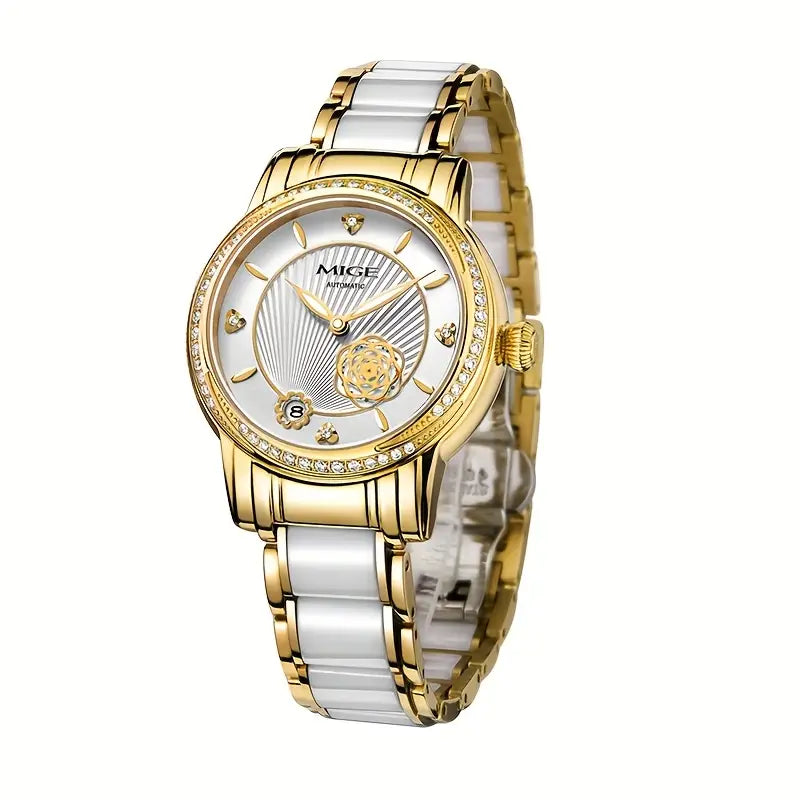 MIGE Elegant Women'S Stainless Steel Automatic Watch with Luminous Hands - Round Face, White Dial, Rose Golden Accents, and Sparkling Bezel - Perfect for Casual, Business, and Everyday Wear