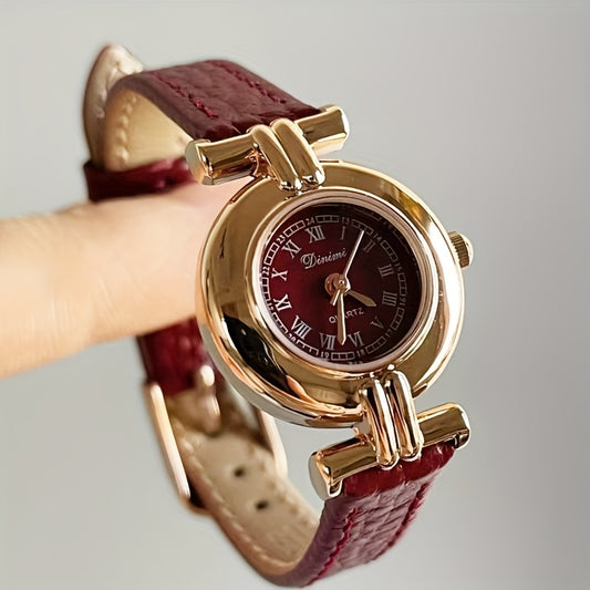 Elegant Women'S Quartz Watch with Red Faux Leather Strap - Bohemian Style, Round Dial, Golden-Tone Case, Perfect Gift for Her, Stylish Accessory|Bohemian Style Watch|Quartz Movement