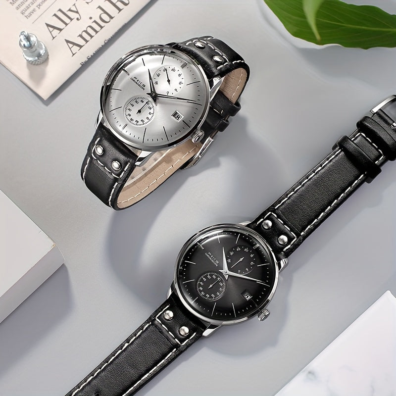 FEICE Brand Magic Pattern Series 3D Double Curved Surface Mirror Business Casual Men's Watch Automatic Mechanical Watch Cowhide Strap Simple Men's Watch Waterproof Luminous Hands Independent Second Dial Calendar Energy Needle Indication