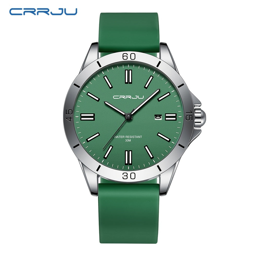 1pc CRJJU Sports Watch 1pc CRJJU Men's Sports Watch | Casual Simple Waterproof Quartz with Calendar, Round Zinc Alloy Case, Rubber Strap, Battery Powered Electronic Movement, Non-Precious Metal, Glow Details