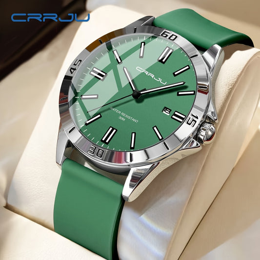 1pc CRJJU Sports Watch 1pc CRJJU Men's Sports Watch | Casual Simple Waterproof Quartz with Calendar, Round Zinc Alloy Case, Rubber Strap, Battery Powered Electronic Movement, Non-Precious Metal, Glow Details