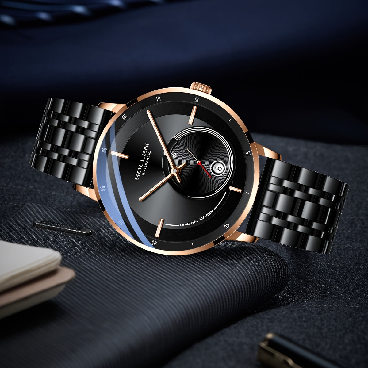 GOLLEN Men'S Retro Automatic Mechanical Watch - Stainless Steel Case & Bracelet, Blue Dial with Roman Numerals, Luminous Hands, Date Display, Casual Style for Casual Attire, Everyday Watch | Elegant Watch | Luminous Hands Watch, Without Battery