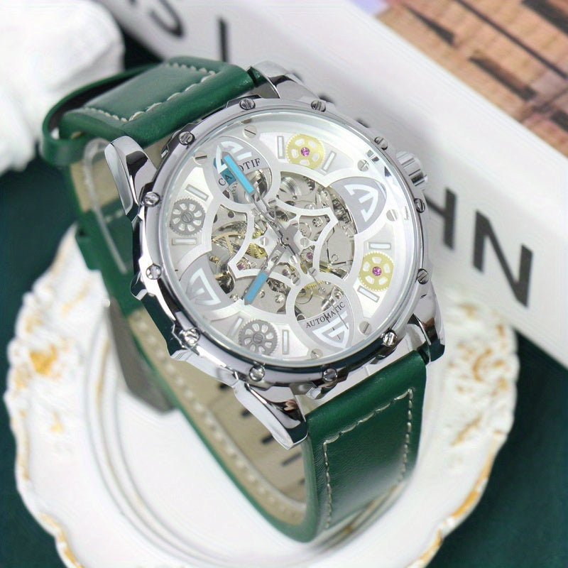 1pc KIMSDUN Men'S Casual Mechanical Watch, White Green Faux Leather Strap, Fashion Night Glow Clover Design, Zinc Alloy Case, Self-Winding Movement, Pointer Display - Youth Fashion Accessory, Without Battery