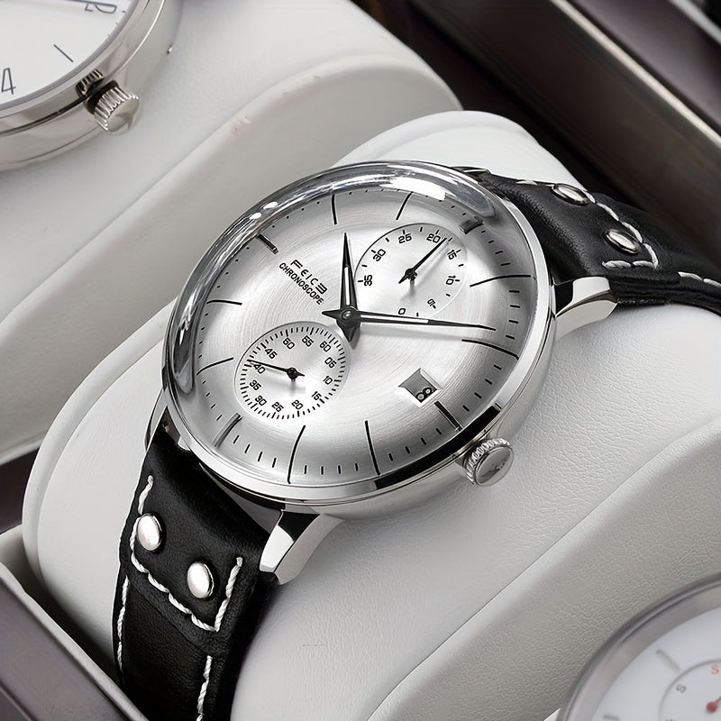 FEICE Brand Magic Pattern Series 3D Double Curved Surface Mirror Business Casual Men's Watch Automatic Mechanical Watch Cowhide Strap Simple Men's Watch Waterproof Luminous Hands Independent Second Dial Calendar Energy Needle Indication