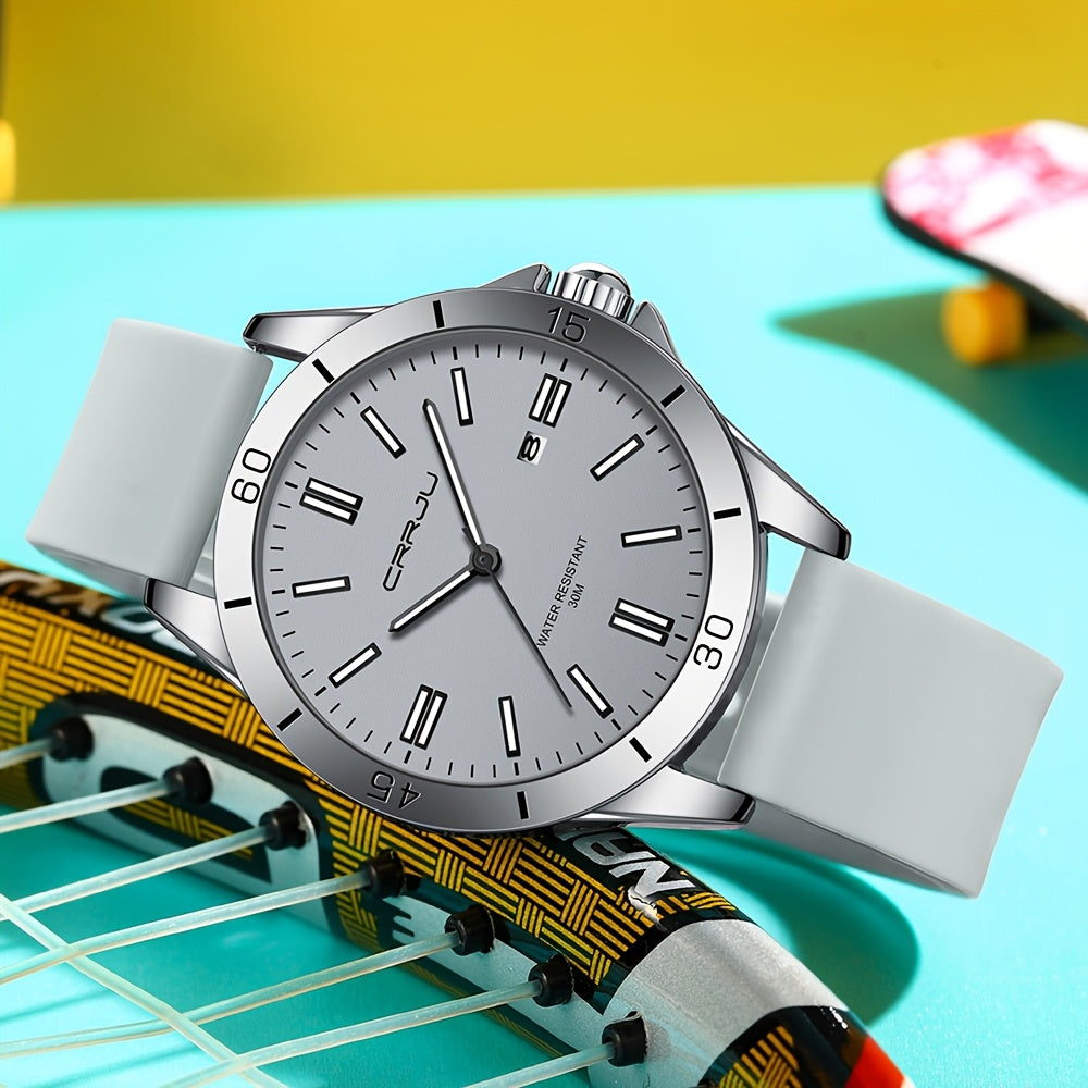 1pc CRJJU Sports Watch 1pc CRJJU Men's Sports Watch | Casual Simple Waterproof Quartz with Calendar, Round Zinc Alloy Case, Rubber Strap, Battery Powered Electronic Movement, Non-Precious Metal, Glow Details