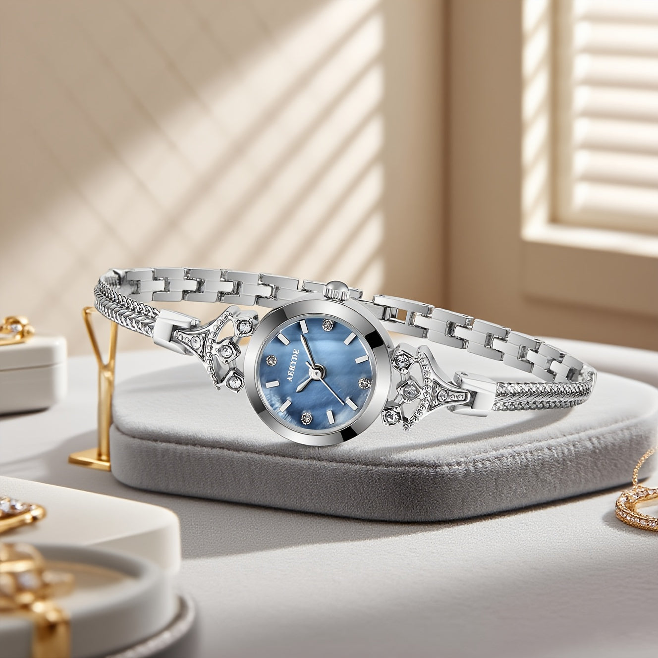 AERYDE Women'S Quartz Watch - Elegant Blue Dial with Chain & Braided Strap, 3ATM, Round Alloy Case, Sophisticated Design for Casual or Formal Wear