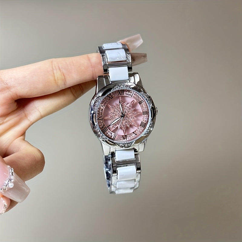 Trendy Rhinestone-Embellished Rotating Dial Women'S Quartz Watch - Casual Minimalist Elegant Fashion Student Watch - Rotatable Dial - Suitable for Couple Gifts, Valentine'S Day, Goddess Day, etc.
