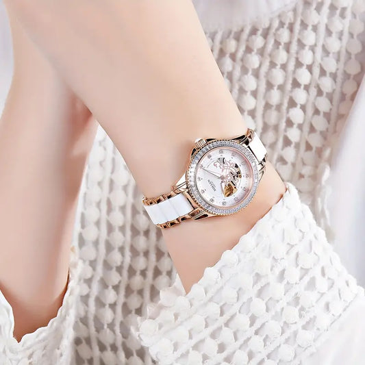Women'S Elegant Mechanical Watch - Model 402, Featuring a Skeleton Design (Openwork), Ceramic Bracelet, Light Luxury Style