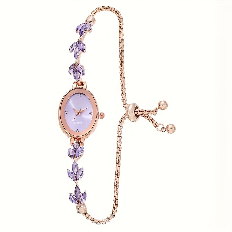 Elegant Rose Golden Women'S Watch with Black Leaf Accents - Mechanical Movement, Alloy Case & Band, Dial Display, Non, Stylish Accessory for Casual Attire, Casual Accessory | Elegant Watch Design | Alloy Watch Case