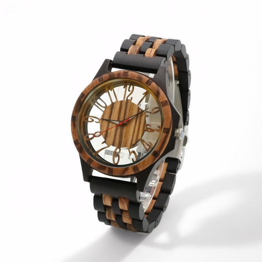 Men'S Vintage Wooden Hollow-Out Quartz Watch with Large Dial, Brown & Black Strap - Unique Gift for Husband, Boyfriend, or Father, Elegant Timepiece for Casual Attire, Formal Accessory | Vintage Quartz Watch | Wooden Strap Watch