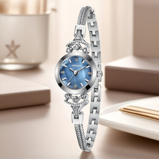 AERYDE Women'S Quartz Watch - Elegant Blue Dial with Chain & Braided Strap, 3ATM, Round Alloy Case, Sophisticated Design for Casual or Formal Wear